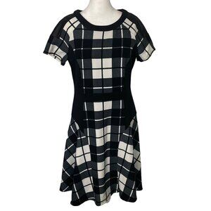 Vtg LESLIE FAY Women Fit Flare Dress Sz 8 White Black Zip Back Check Office 27-7